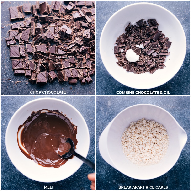 Process shots: chop chocolate, combine with oil; melt; break up the rice cakes