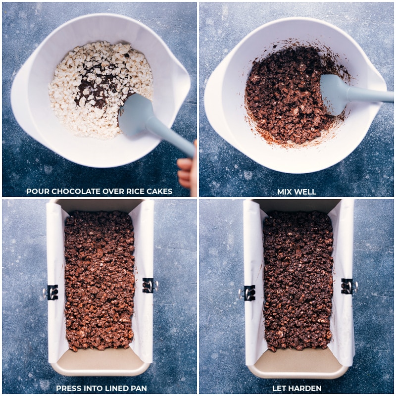 Process shots: pour chocolate over the rice cakes; mix well; press into the pan; let harden.