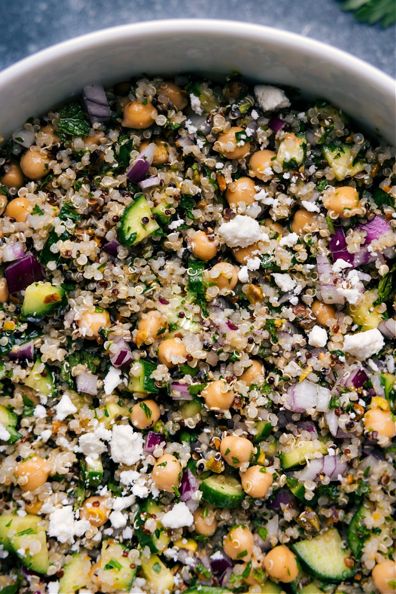 Up-close overhead image of the Jennifer Aniston Salad ready to be enjoyed