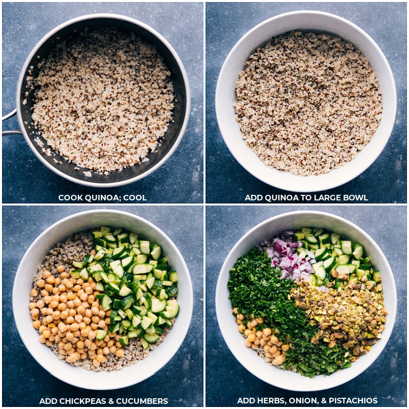 Process shots--images of quinoa, chickpeas, cucumbers, herbs, onions, and pistachios being added to a bowl