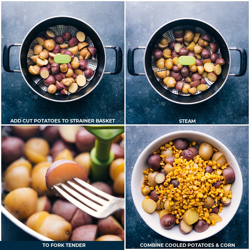 Process shots of No-Mayo Potato Salad-- images of the potatoes being steamed