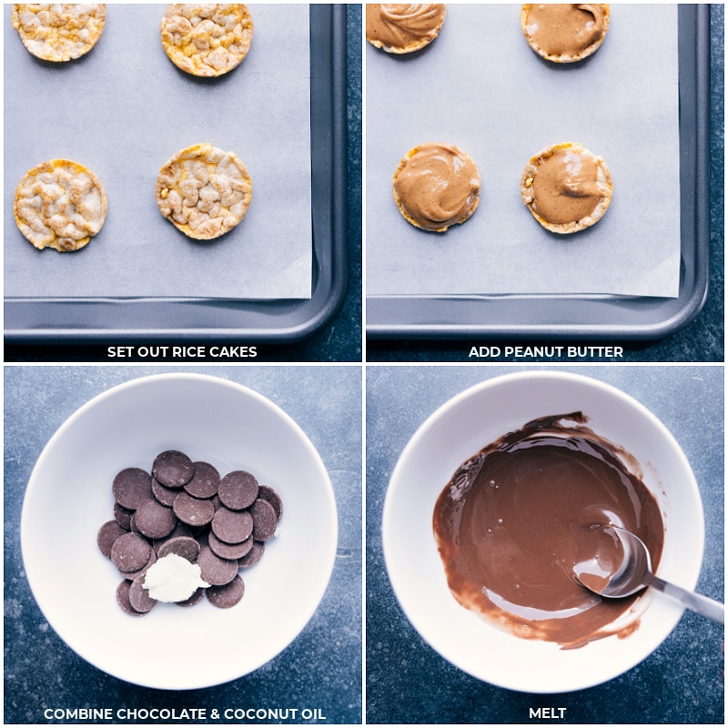 Process shot of Rice Cake With Peanut Butter-- images of the rice cakes being set out, peanut butter being spread, and then chocolate being melted