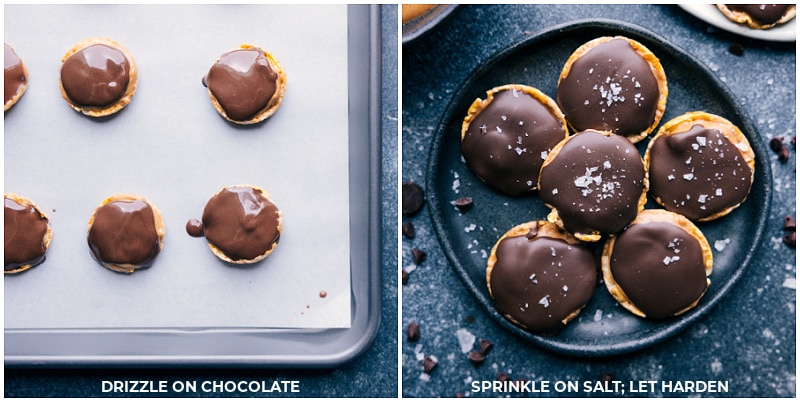 Process shots-- images of the chocolate being drizzled on top and then sea salt being sprinkled over