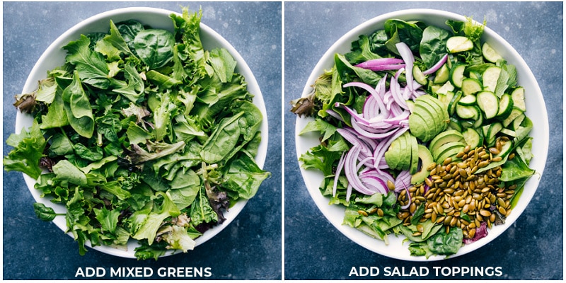 Process shots of our favorite salad recipe-- images of the greens being added and then the toppings being added on top