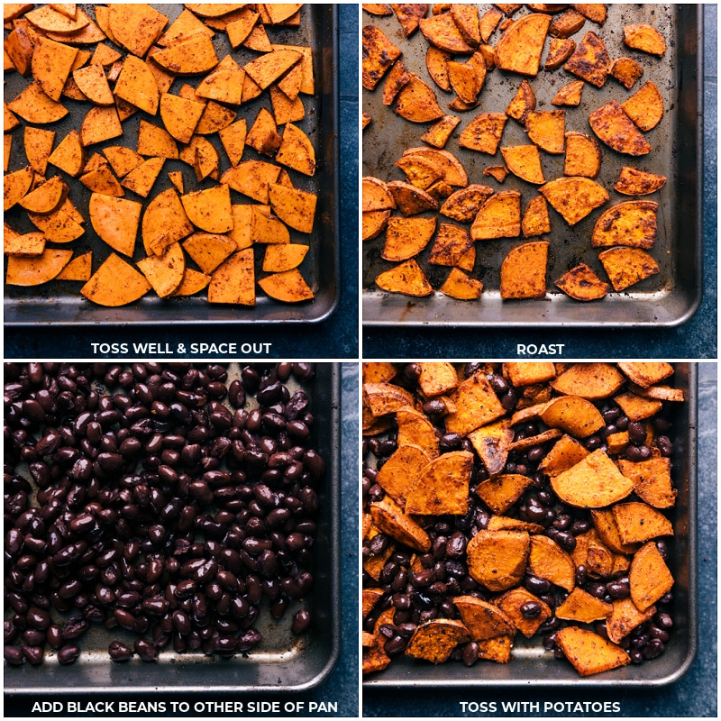 Process shots of Sweet Potato Salad-- images of the sweet potatoes being roasted and the black beans being added to the tray to warm through
