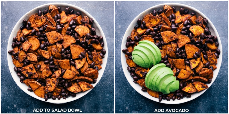 Image of the roasted veggies and beans being added to a bowl along with avocado