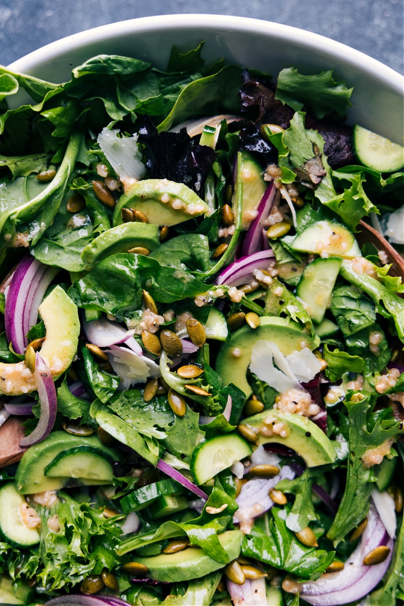 Up-close overhead image of our favorite Everyday Salad recipe in a bowl