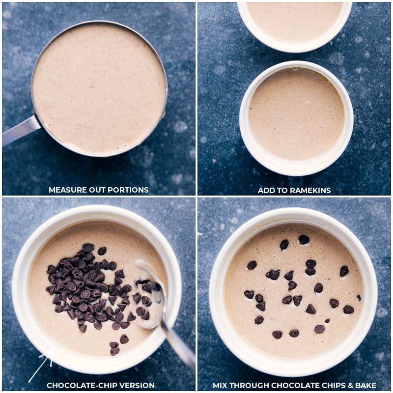 Process shots-- images of the mixture being measured and poured into the ramekins