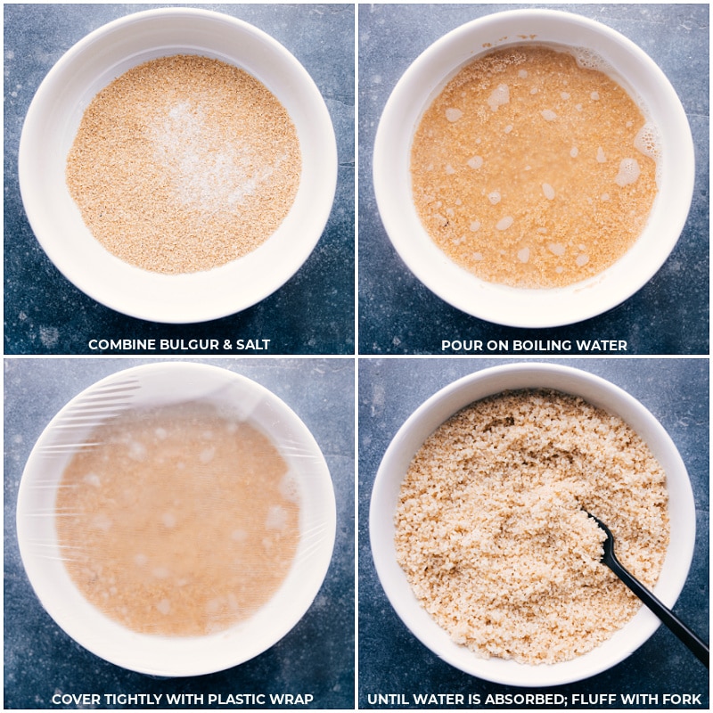 Process shots: Combine bulgur wheat and salt; pour on boiling water; cover tightly with plastic wrap; when water has absorbed, fluff with a fork