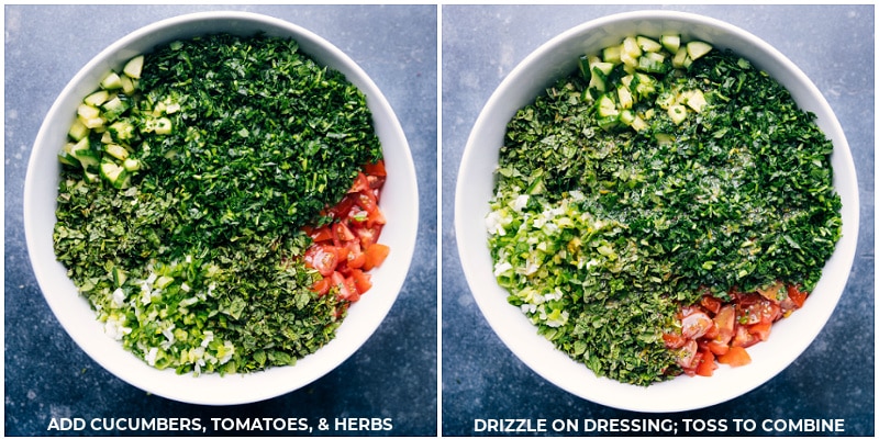 Process shots-- images of the cucumbers, tomatoes, herbs, and dressing being tcombined.