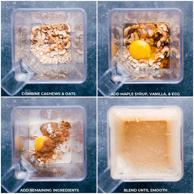 Process shots of the Tiktok Baked Oats-- images of the ingredients being added to a blender