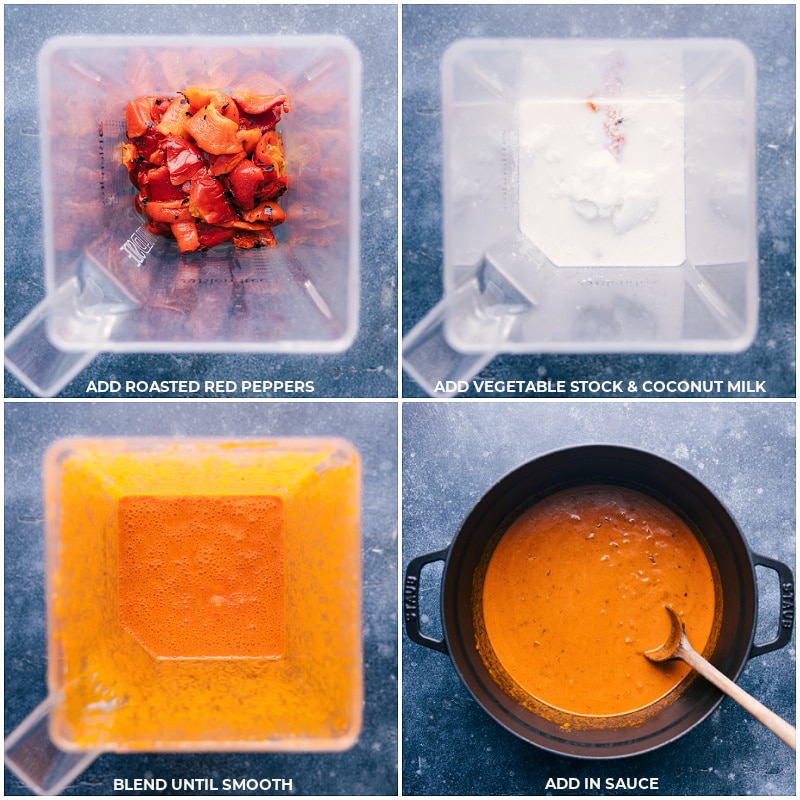 Process shots-- images of the red peppers, coconut milk, and vegetable stock being blended together and added to the recipe