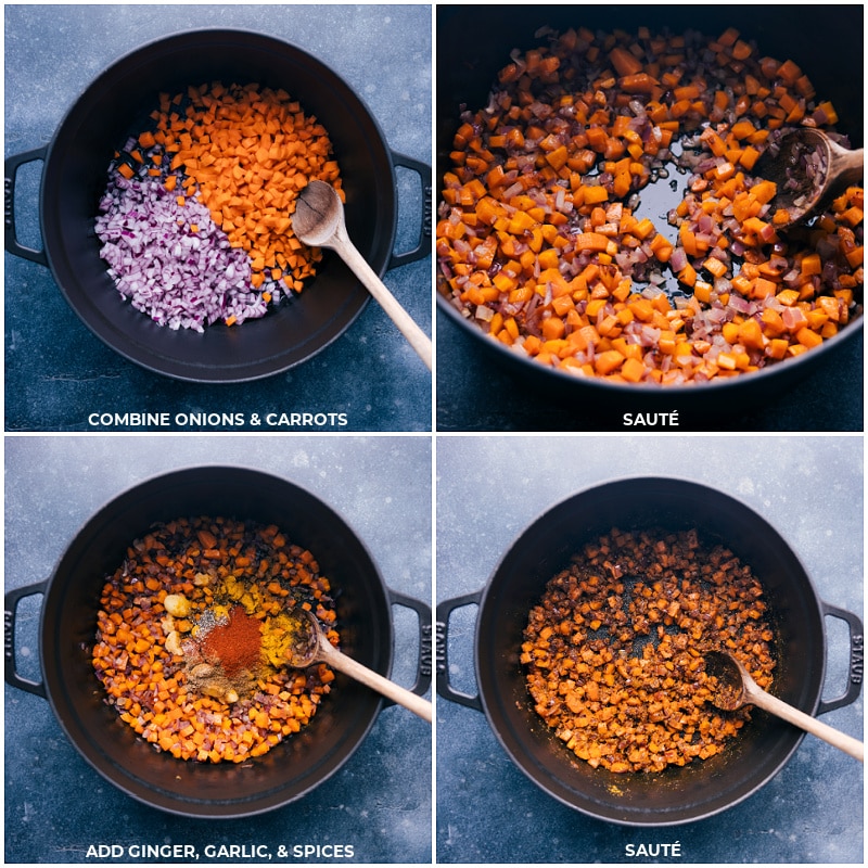 Process shots of the quick Vegan Curry-- images of the onions and carrots being sautéed, then ginger, garlic, and spices being added