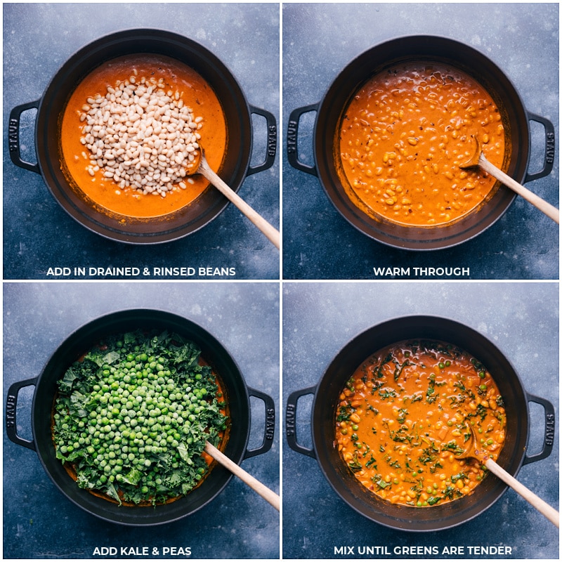 Process shots of the quick Vegan Curry-- images of the navy beans being added, followed by the kale and peas