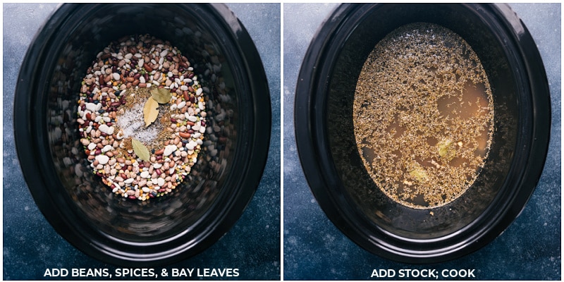 Process shots of 15-Bean Soup-- images of the beans and spices being added and then the chicken stock