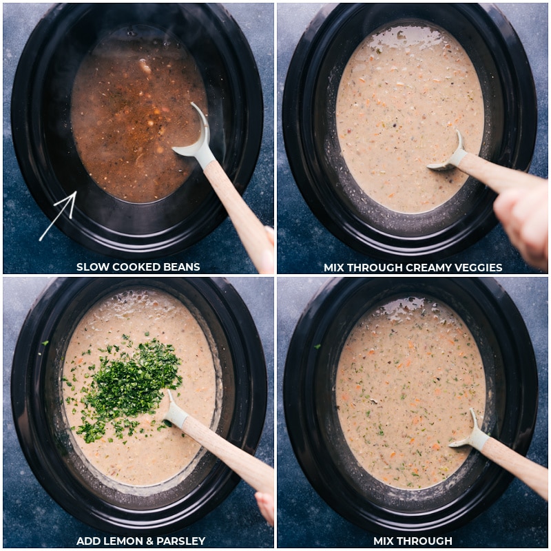 Process shots-- images of the creamy veggies being added and then the lemon and parsley