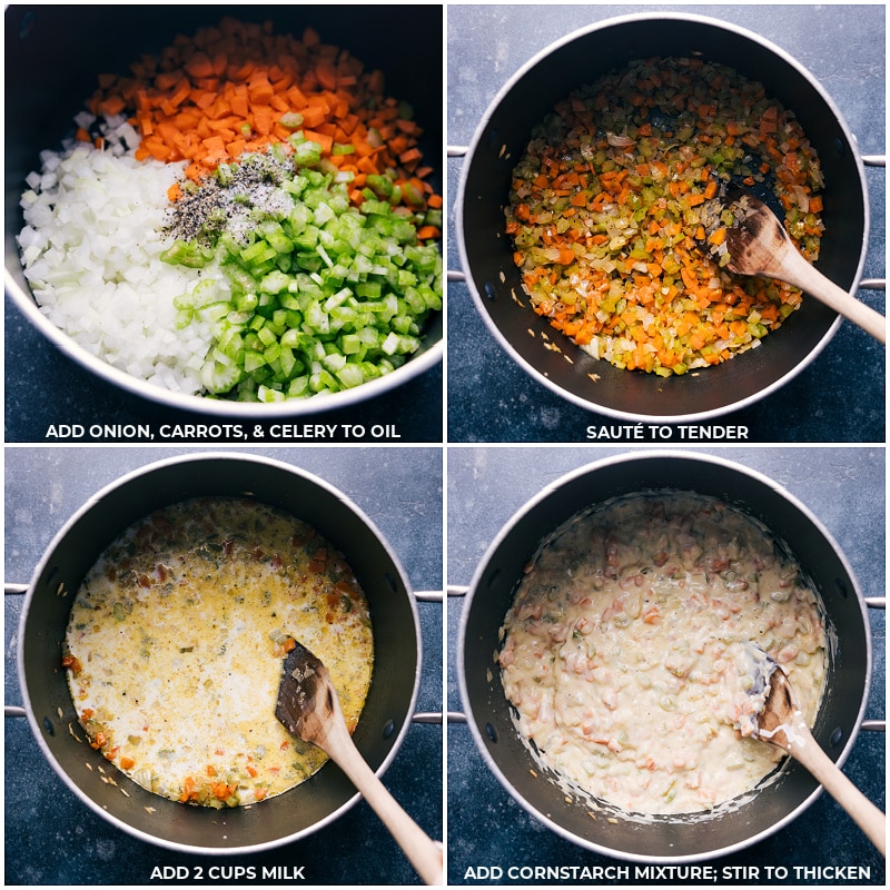 Process shots of 15-Bean Soup-- images of the veggies being sautéed, and the milk being added, and it all being cooked together