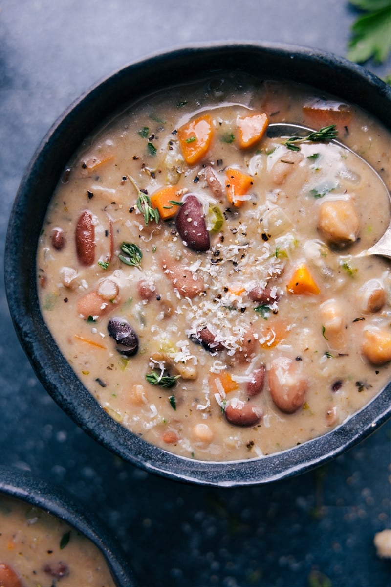 Up close overhead image of the 15-Bean Soup in a bowl