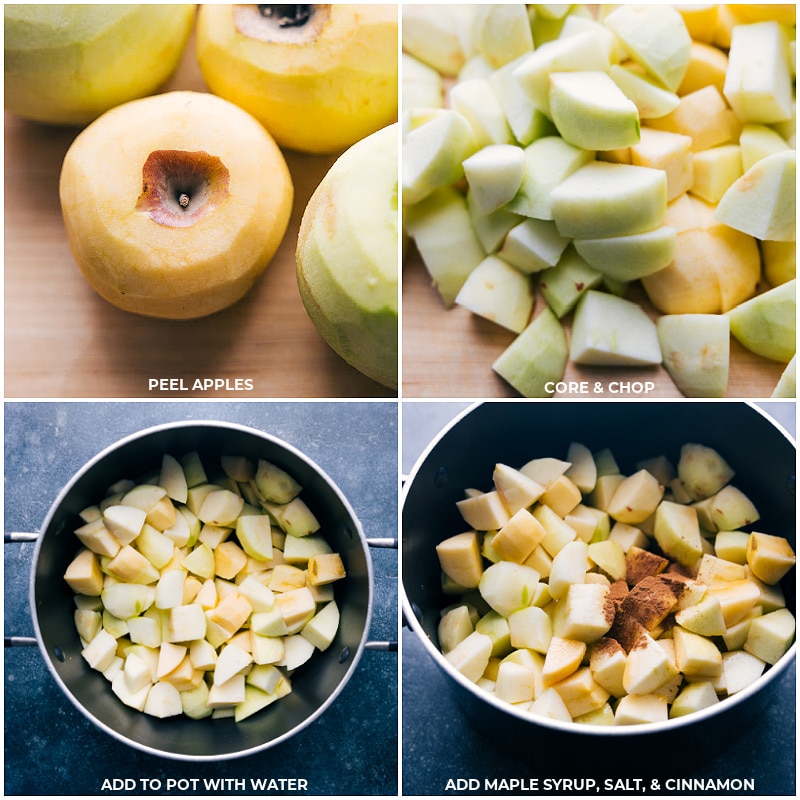 Process shots-- images of the apples being peeled, chopped, added to the pot and the maple syrup, salt, and cinnamon being added