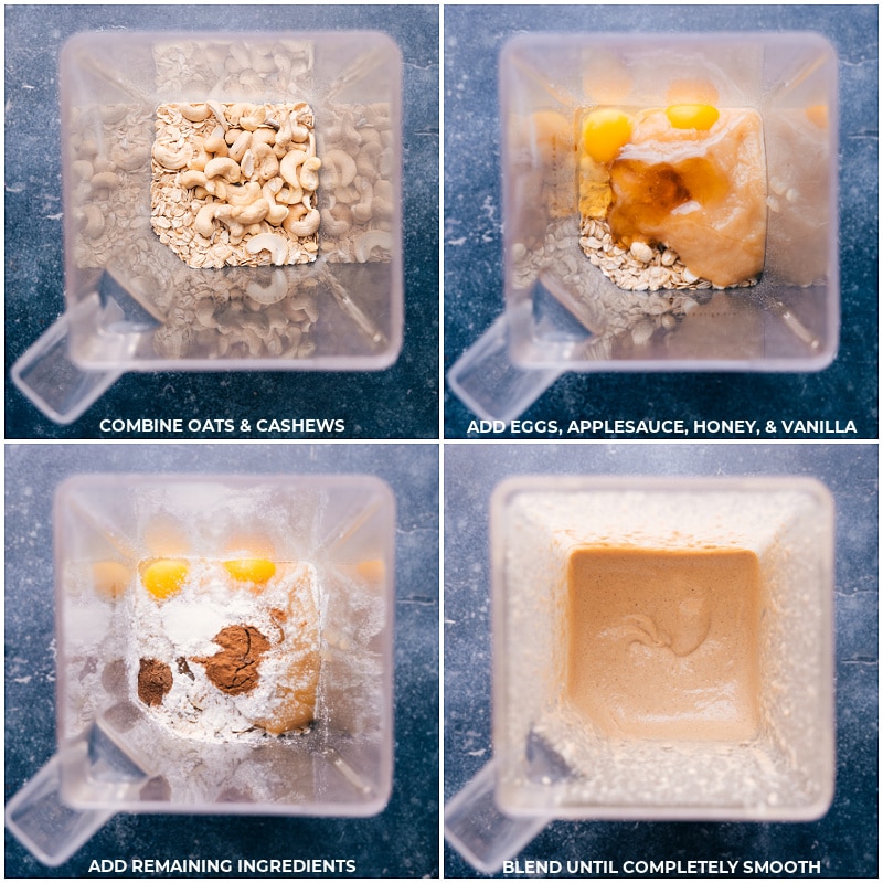 Process shots-- images of the oats, cashews, eggs, applesauce, honey, vanilla, and remaining ingredients being added to the blender and being mixed