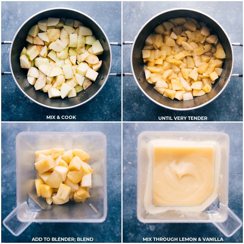 Process shots of applesauce-- images of the apples being cooked and added to a blender and being blended