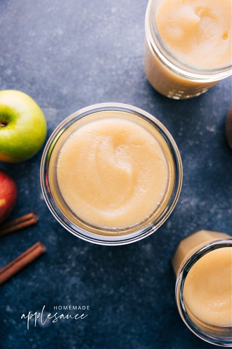 Overhead image of Applesauce in a jar