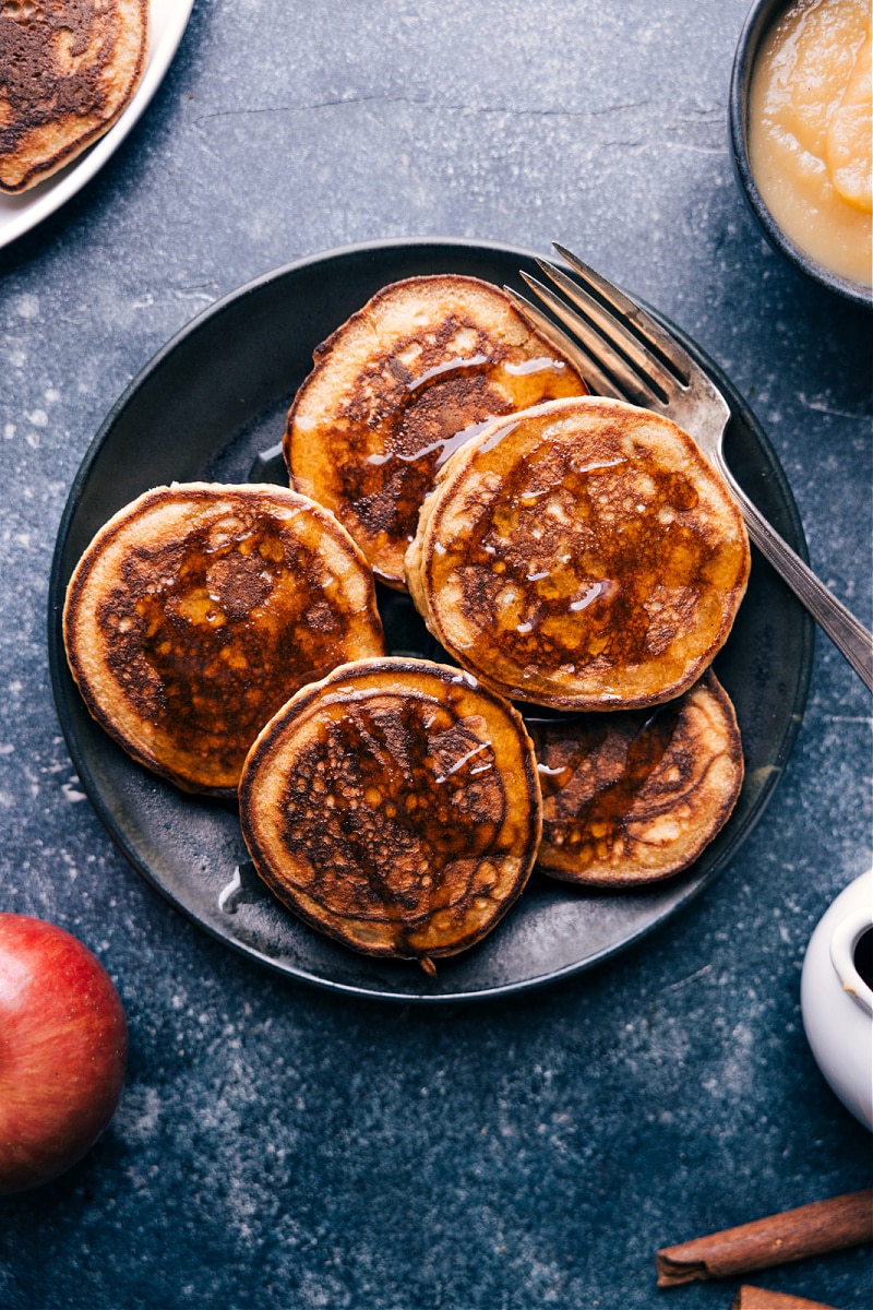 Overhead image of Applesauce Pancakes ready to be enjoyed