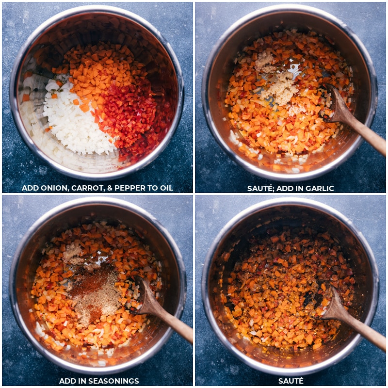 Process shots: Addonion, carrot and pepper to oil; sauté and add garlic; add seasonings; continue to sauté