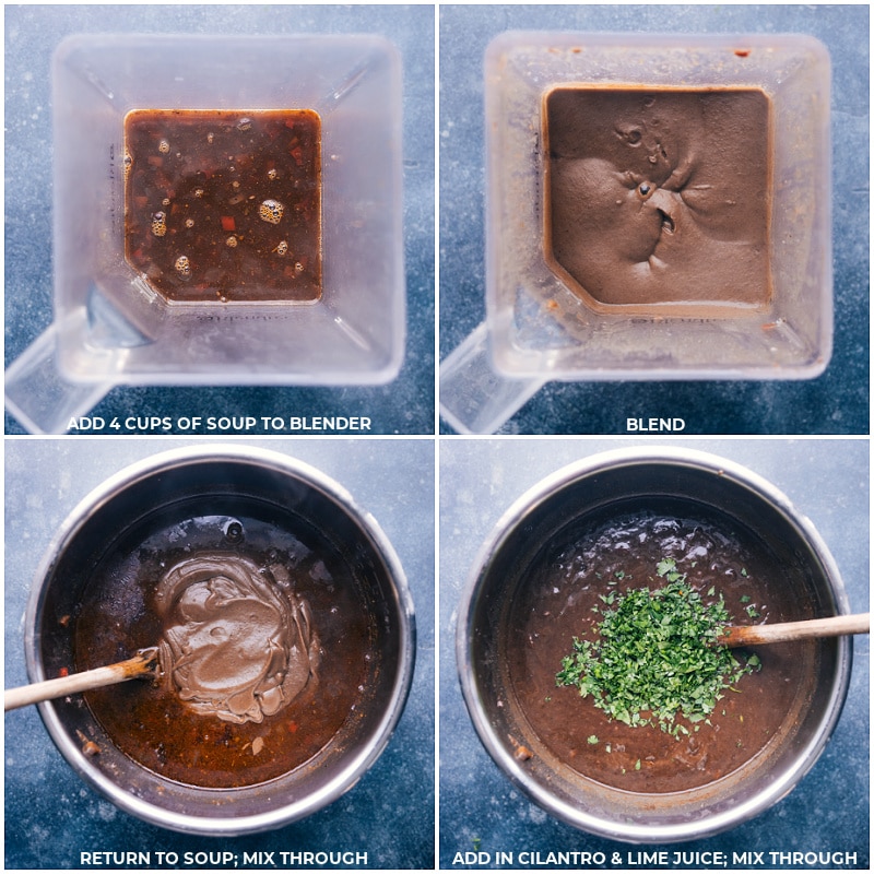 Process shots: Add soup to a blender and process; return to the pan with remaining soup; stir in cilantro and lime juice.
