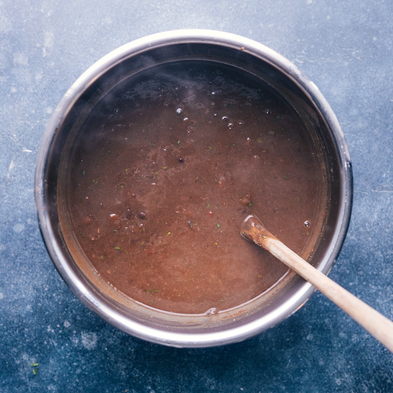 Overhead view of a pot of Black Bean Soup