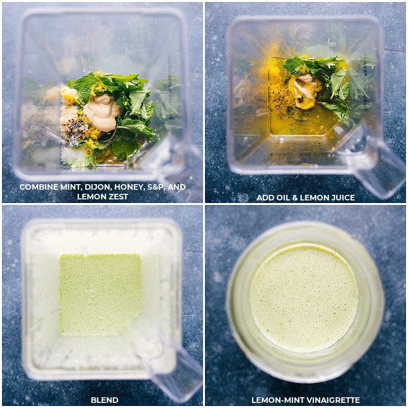 Process shots of making the dressing:Combine mint, Dijon, honey, lemon zest and salt and pepper; add oil and lemon juice'; blend until smooth; serve