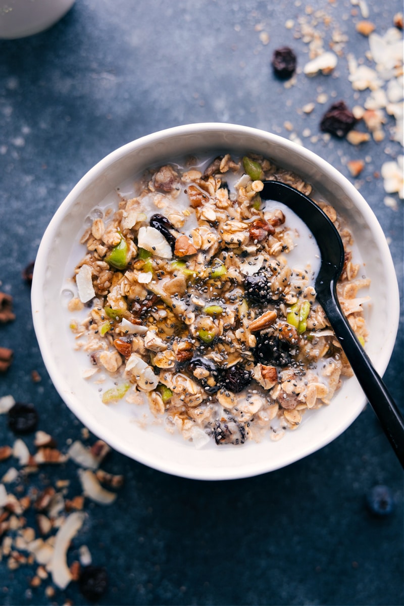 Overhead image of the Bircher Muesli in a bowl