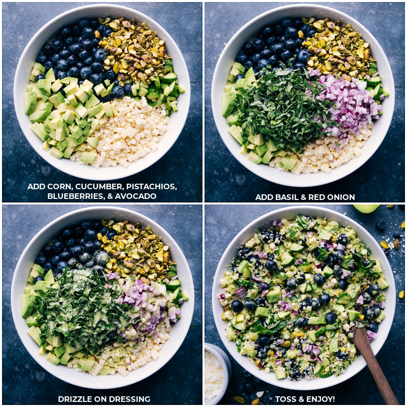 Process shots-- images of the corn, cucumbers, pistachios, blueberries, avocado, basil, and red onion being added to the bowl