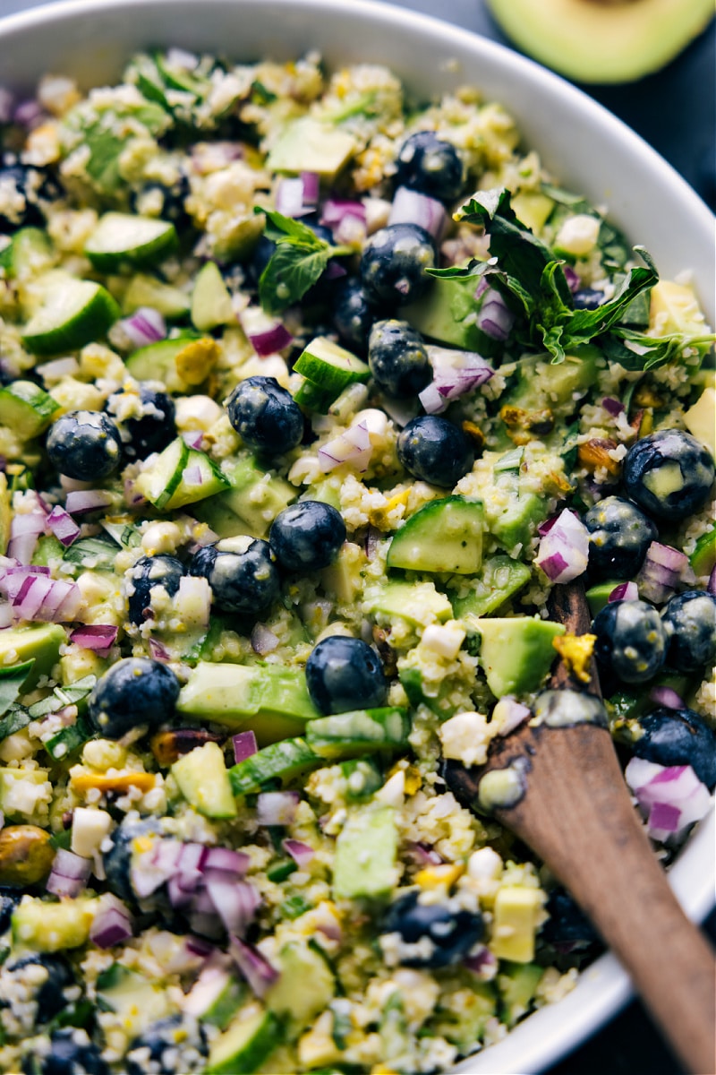 Up-close overhead image of Blueberry Corn Salad in a bowl ready to be enjoyed