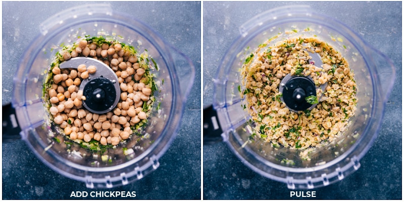 Process shots of Curried Chickpea Salad-- images of the chickpeas being added and pulsed together