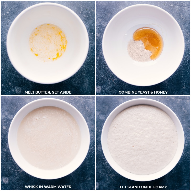 Process shots-- images of the butter, yeast, and honey being added to a bowl with warm water