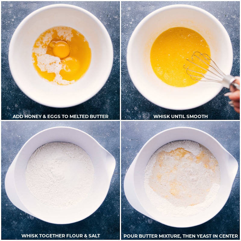 Process shots of Life-Changing No-Knead Dinner Rolls-- images of the honey, eggs, melted butter, flour, and salt all being added to a bowl