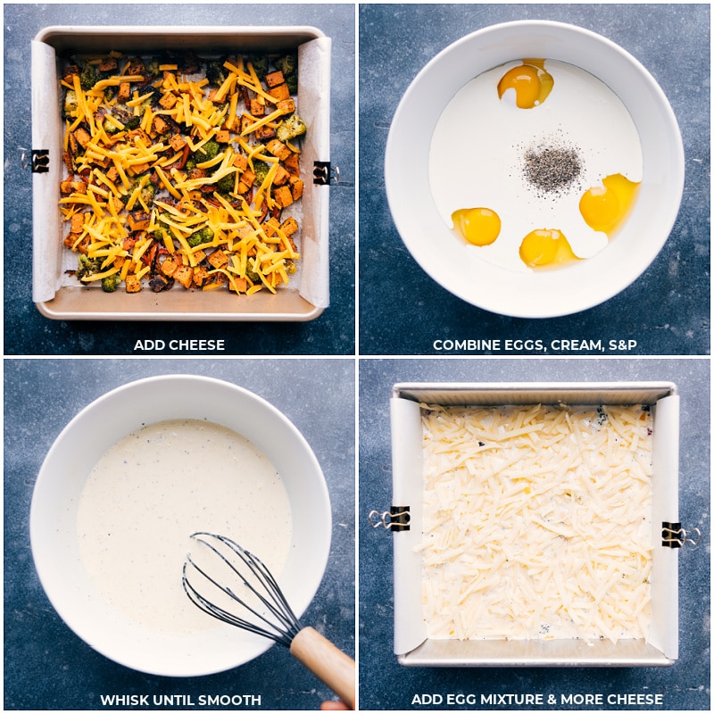 Process shots of frittata-- images of the cheese being added to the pan and then the egg mixture being whisked together and added to the pan