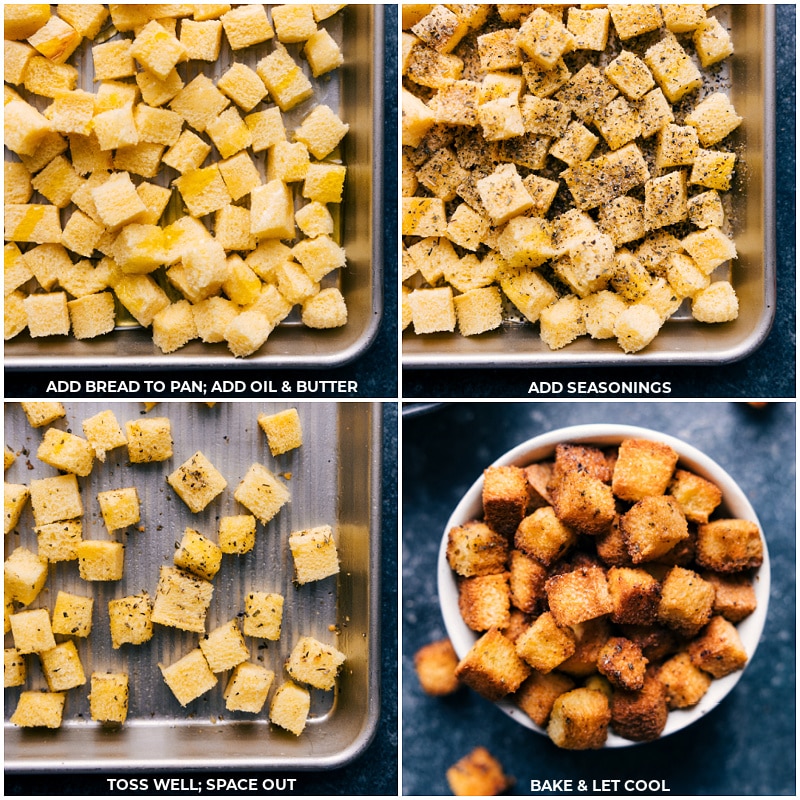 Process shots of Homemade Croutons-- images of the oil and seasonings being added to the pan and it all being baked