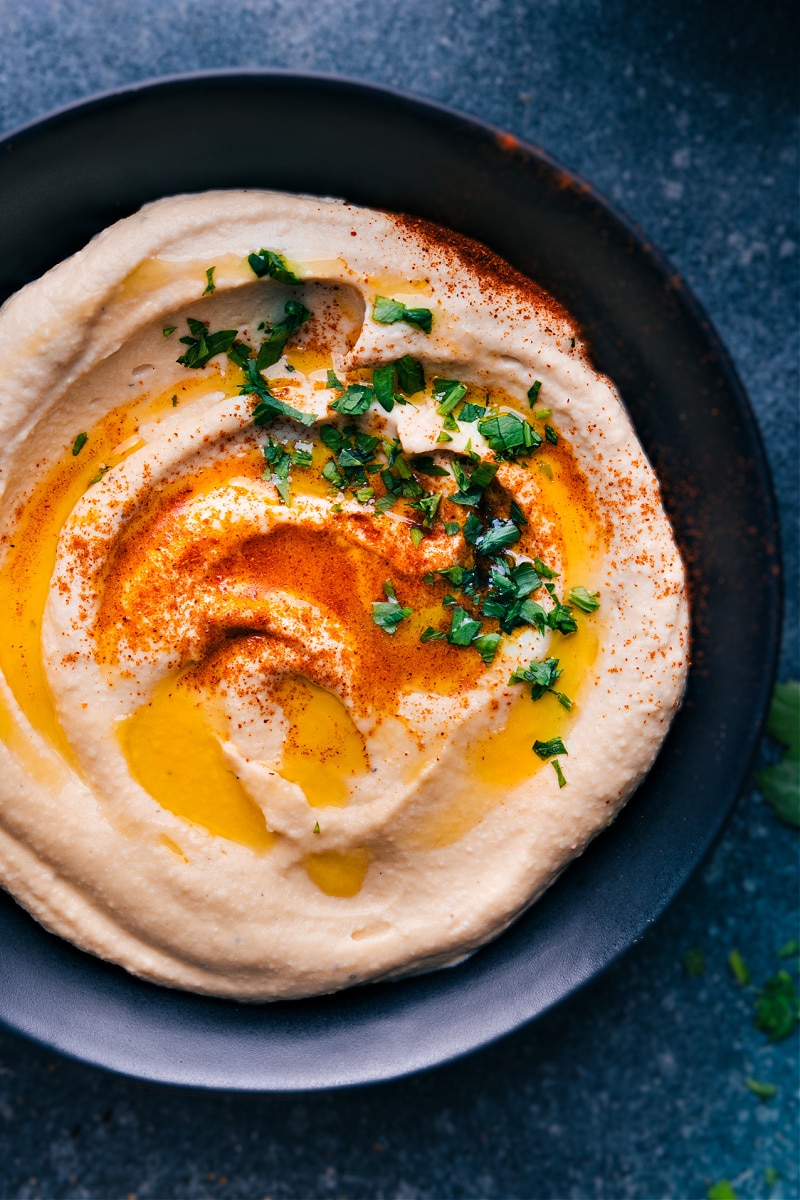 Overhead view of a bowl of Hummus