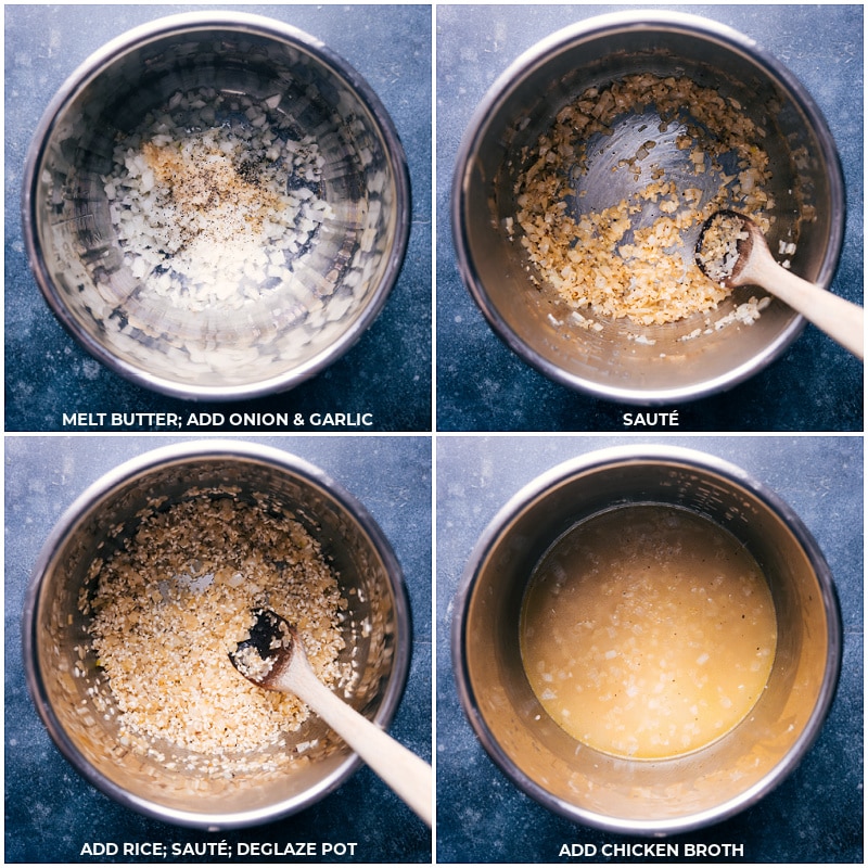 Process shots: melt butter and add onion and garlic; sauté; add rice and deglaze; add chicken broth