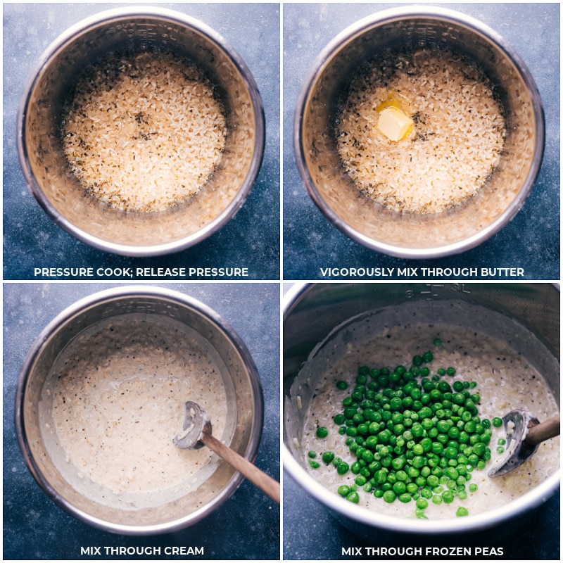 Process shots: cook and release pressure in the instant pot; mix the butter in; mix in cream; mix in frozen peas