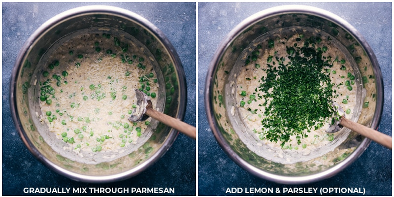 Process shots: Mix in the Parmesan cheese; add lemon and parsley
