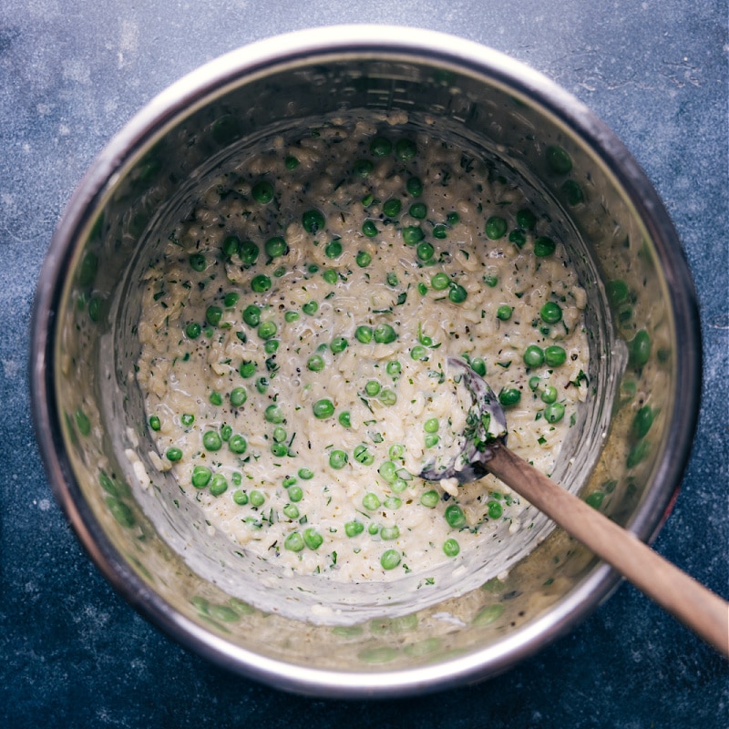 Overhead view of the finished Instant Pot Risotto, still in the pot.