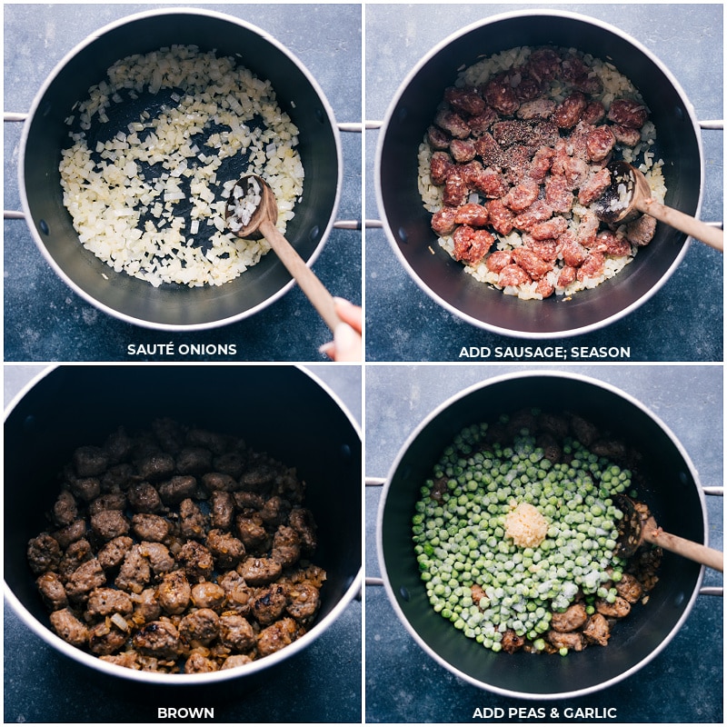 Process shots-- images of the onion, sausage, peas, and garlic being cooked