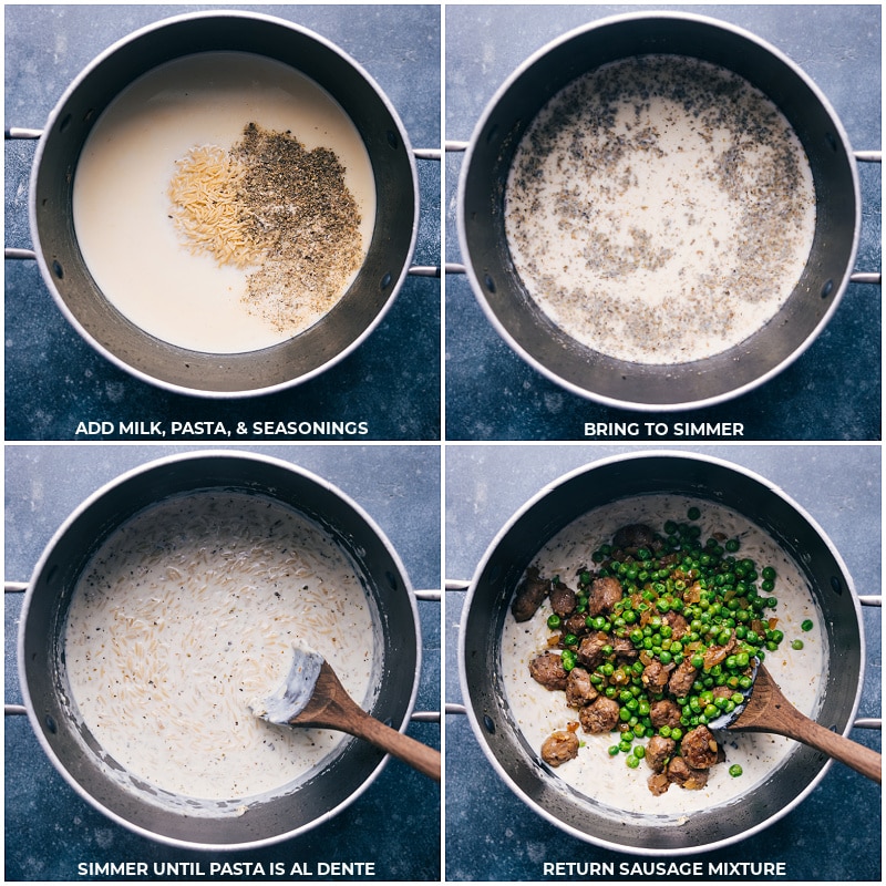 Process shots-- images of the milk, pasta, seasonings, and cooked sausage being added to the pot
