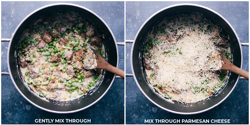 Process shots of Meatballs and Orzo-- images of the Parmesan cheese being added