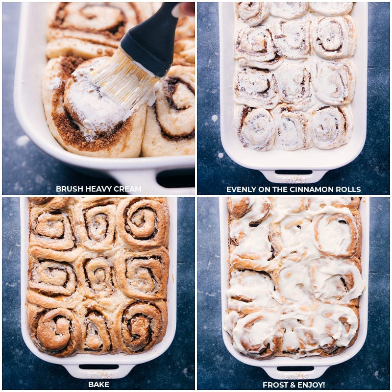 Process shots: Brush heavy cream over unbaked rolls; bake; frost and serve