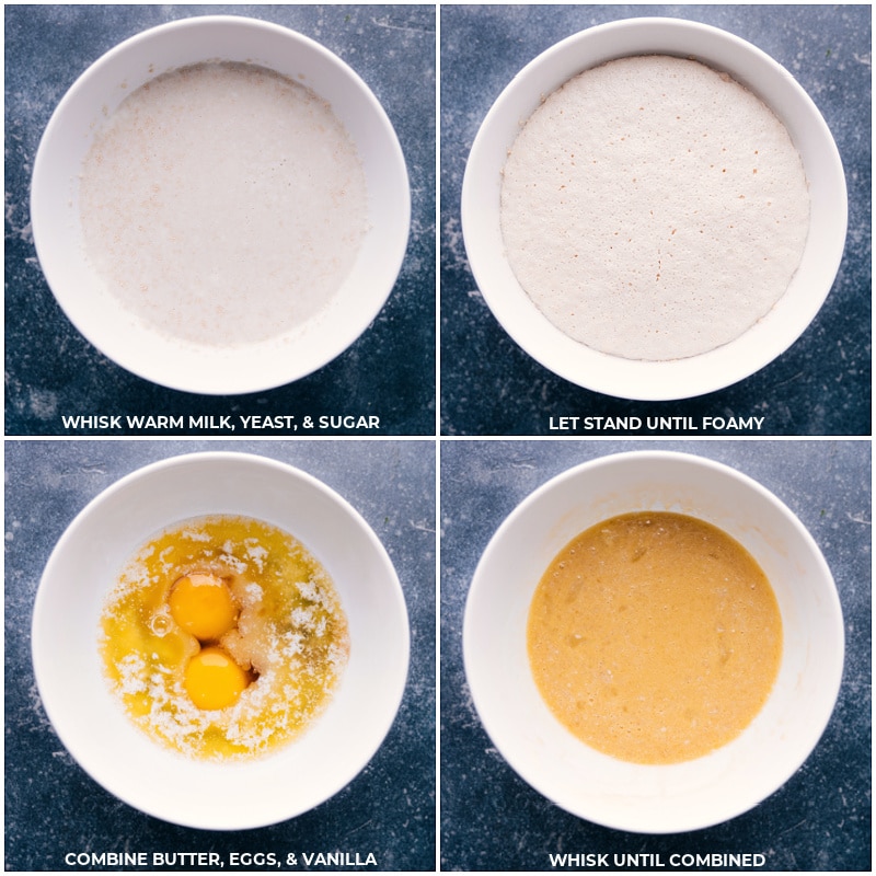 Whisk milk, yeast and sugar; let stand; combine butter, eggs and vanilla; whisk to combine