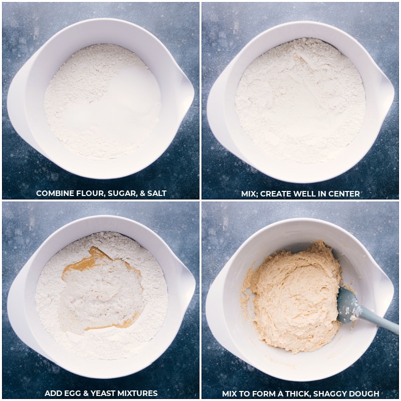 Process shots: combine flour, sugar and salt; mix and create a well in the center; add egg and yeast mixtures; mix to form a thick, shaggy dough